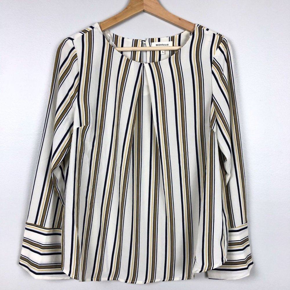 Monteau Vertical Striped Blouse Sz L Long Sleeve Pleat Key Hole Ivory Navy